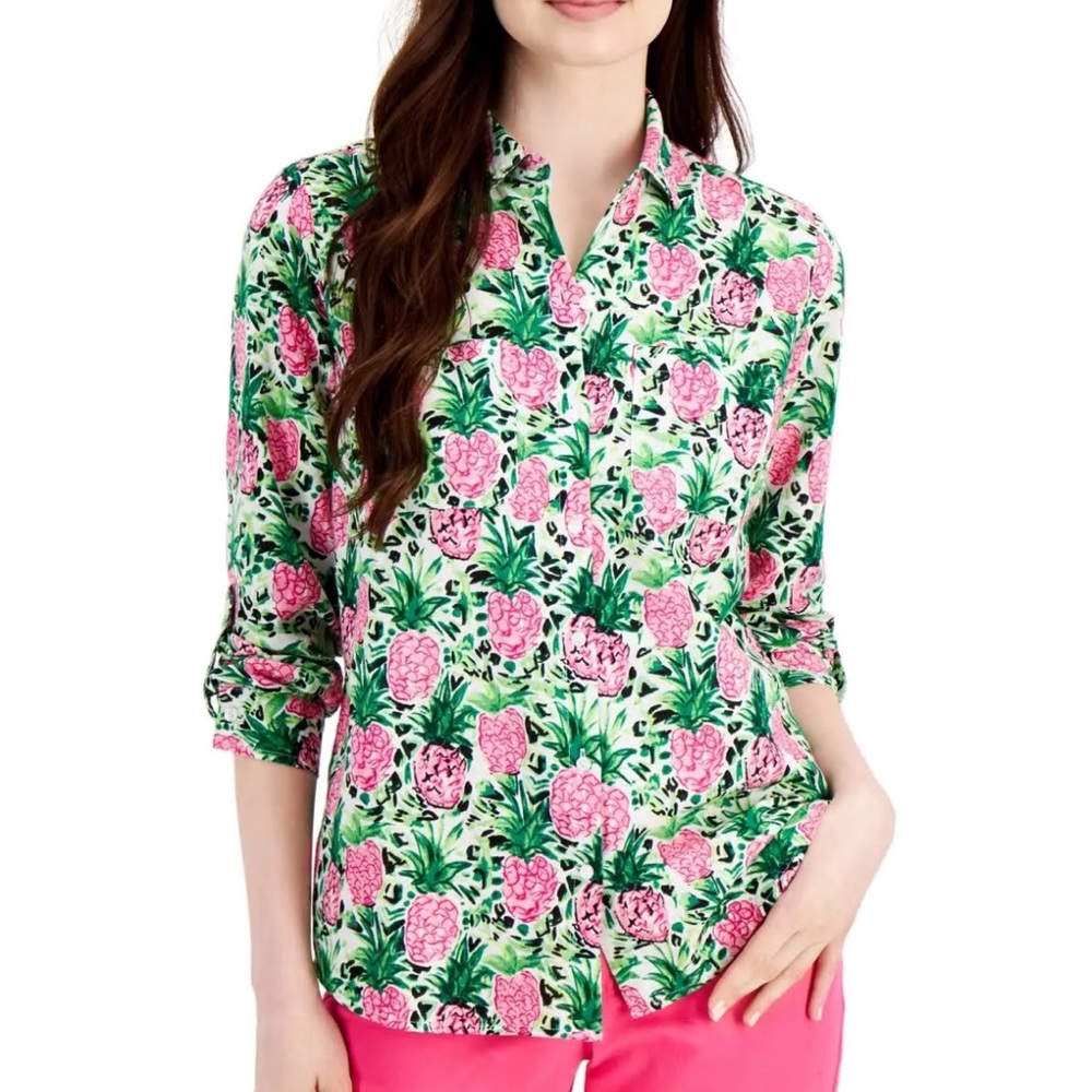 Charter Club Linen Luxury Women's Button Down Shirt Pineapples Size XL